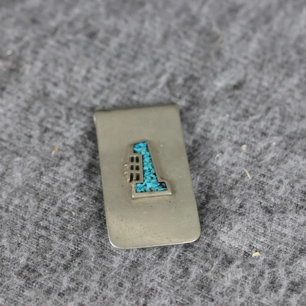 Turquoise Stone Inlay Mens Money Clip Silver Tone Bar Southwestern Jewelry Style
